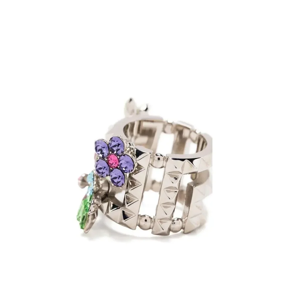NIB Versace Multicolor Crystal Flower Bloom Ring Silver Tone IT 15 US 7 $675